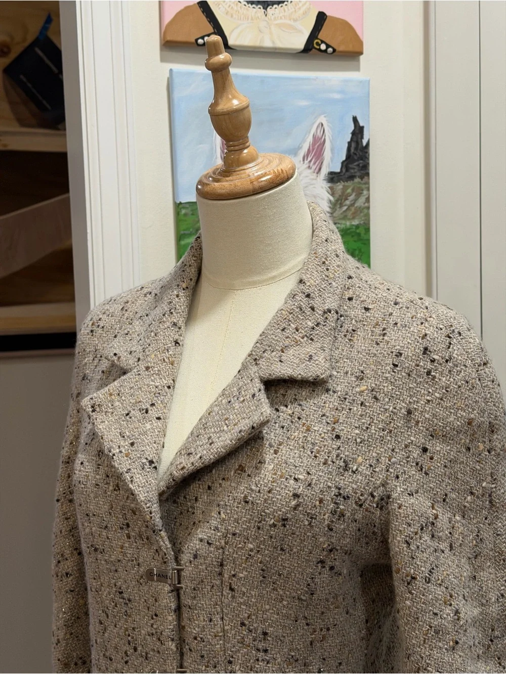 CHANEL Grey Speckled Tweed Blazer Coat